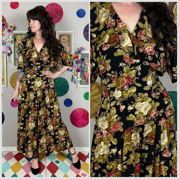 Vintage 1980s Floral 2-Piece Set Ruffle Top and Wide Leg Palazzo Pants - Picture 1 of 8